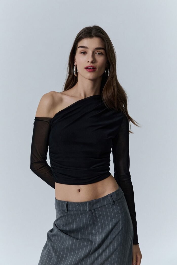 Off Shoulder Tulle Blouse Black