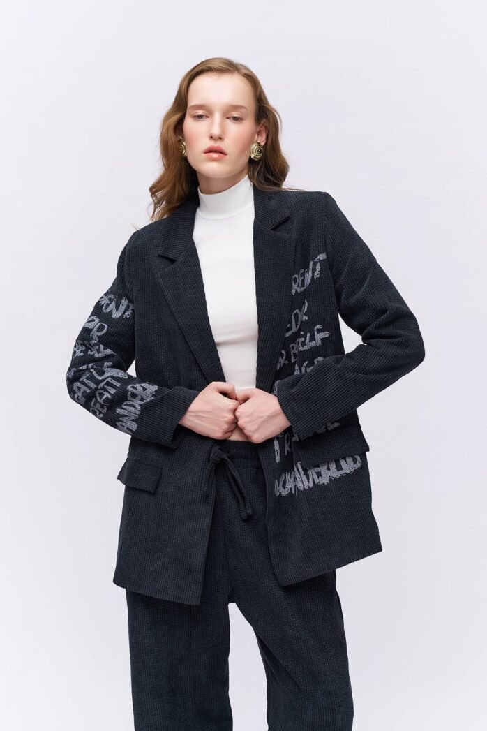 Printed Detailed Velvet Blazer