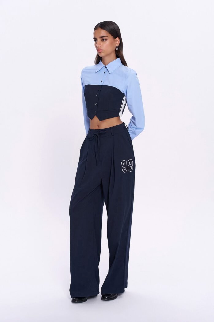 Number Embroidery Detailed High Waist Trousers