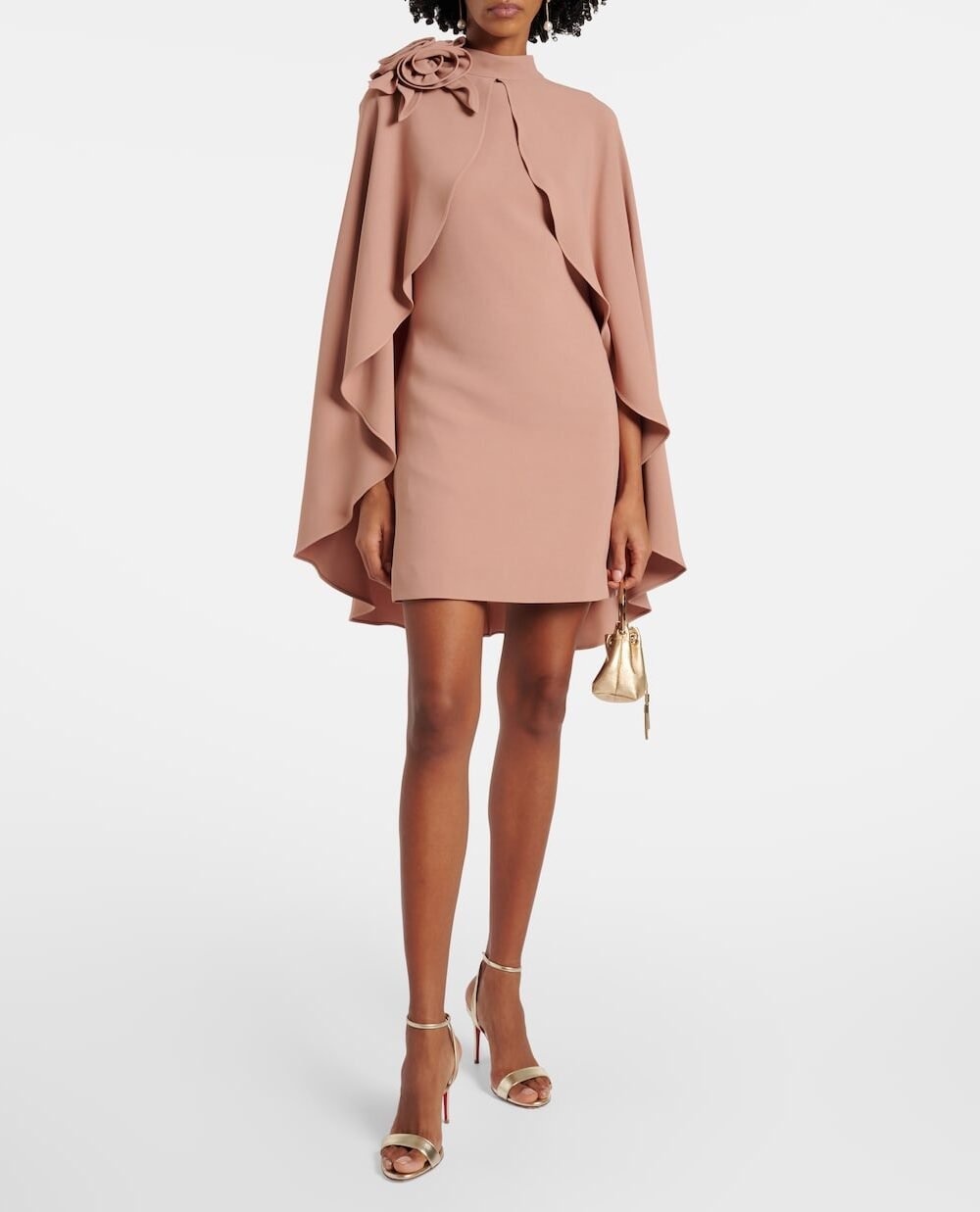 Floral appliqué ruffled cady mini dress Beige
