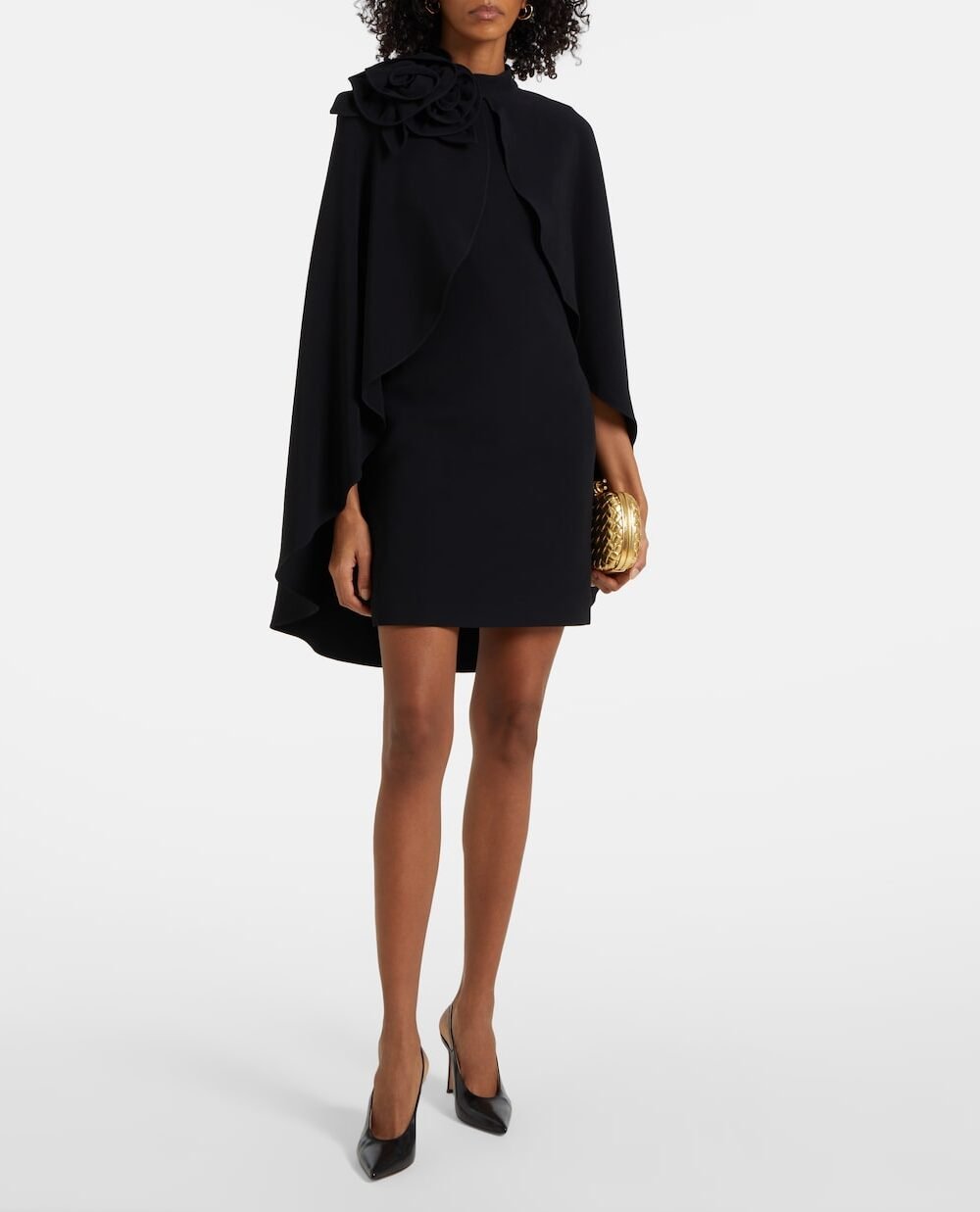 loral appliqué  ruffled cady mini  dress Black.
